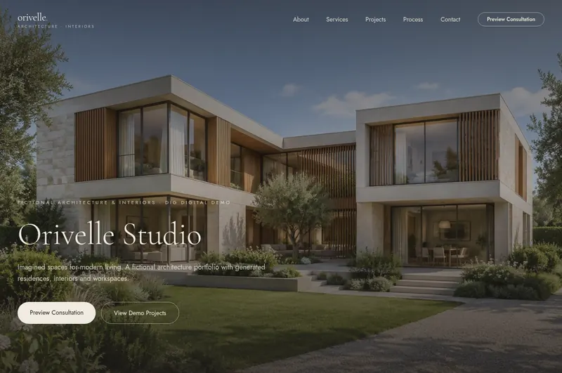 Homepage screenshot of the Orivelle Studio architecture and interiors website concept, showing a modern residence