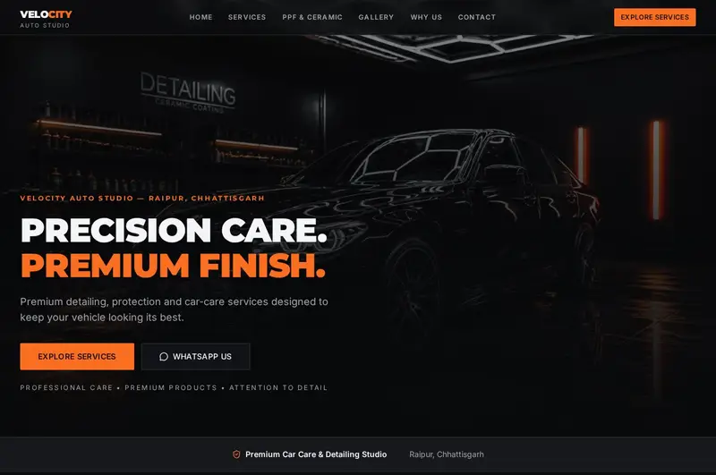 Homepage screenshot of the Velocity Auto Studio car detailing website concept